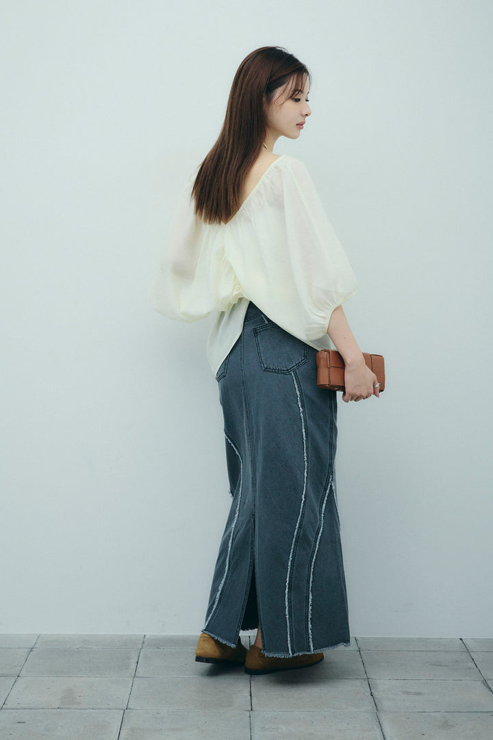 [予約/SET]袖ボリュームシャーリングBL+フリンジウェーブデニムスカート(2set)