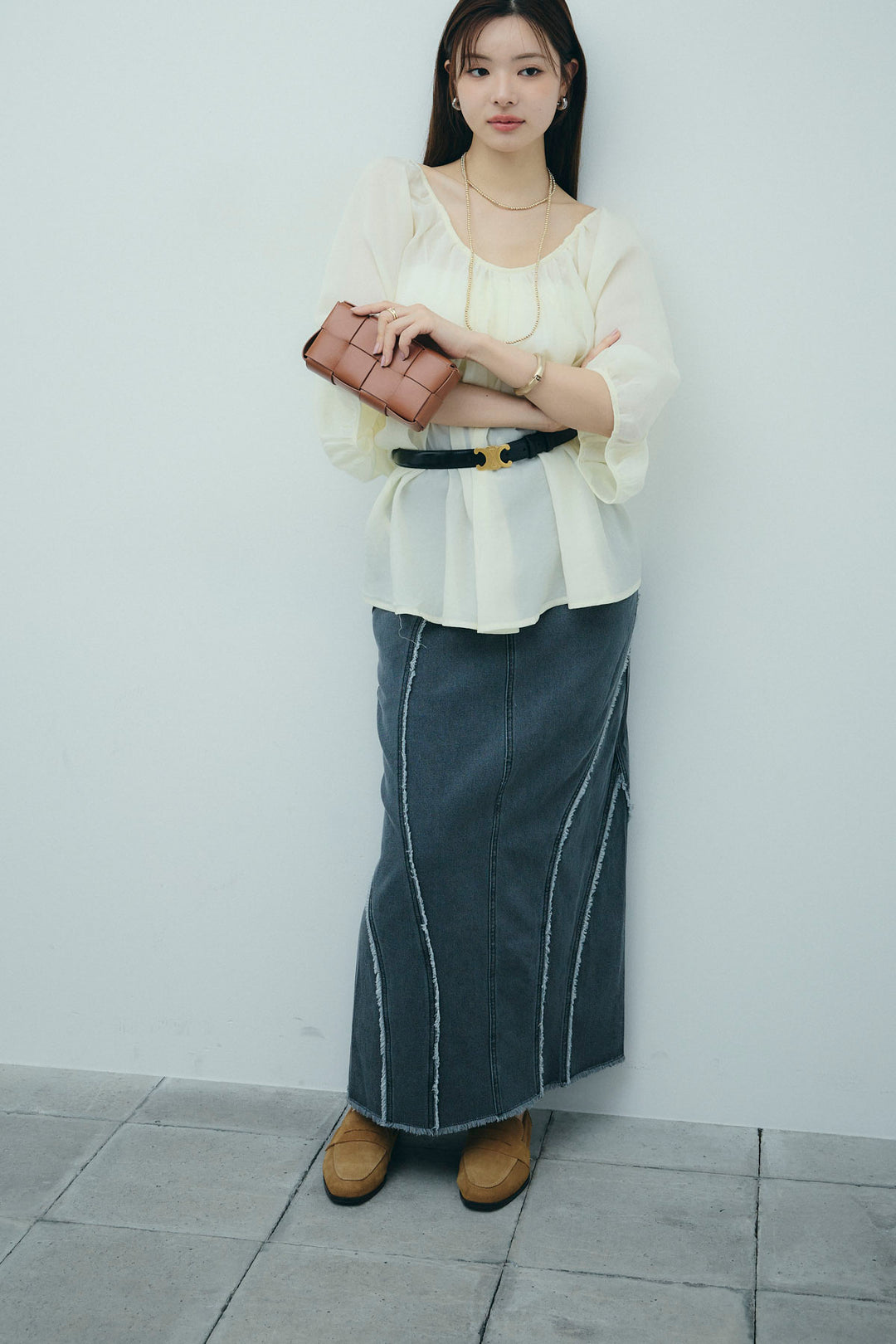 [予約/SET]袖ボリュームシャーリングBL+フリンジウェーブデニムスカート(2set)