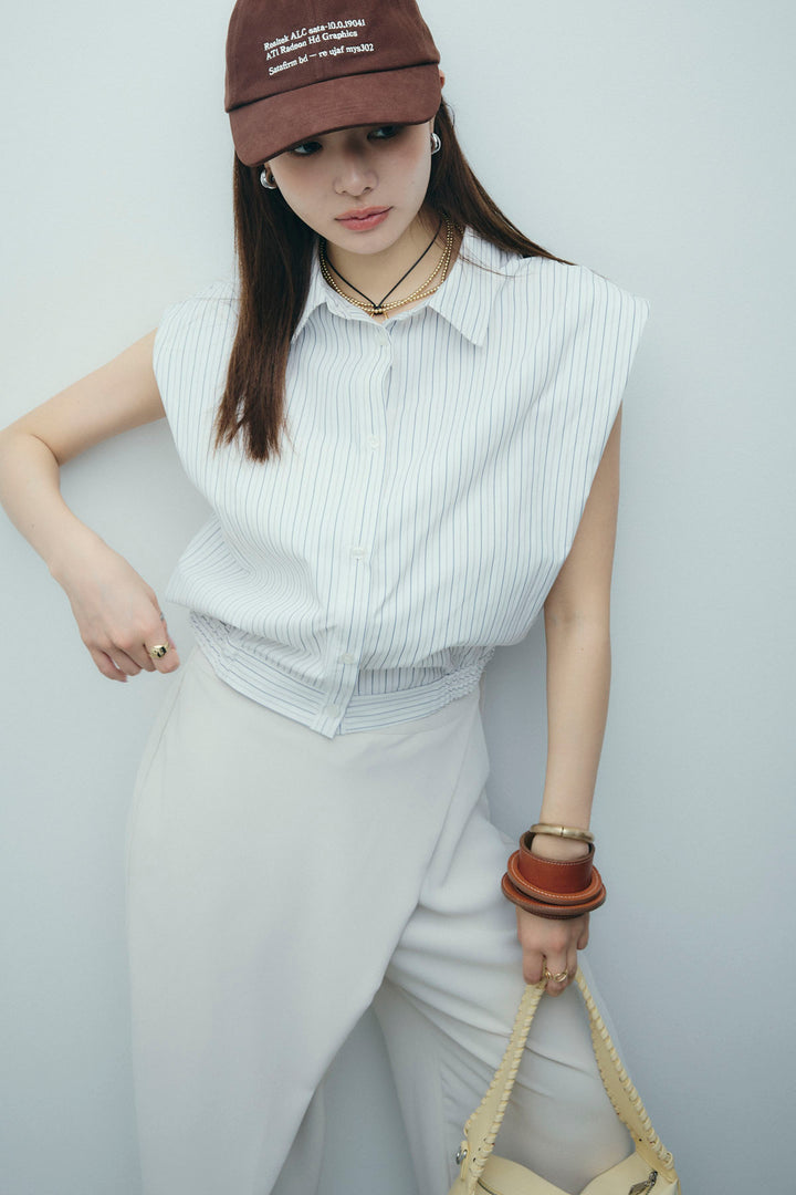 [予約]ストライプタックノースリーブシャツ