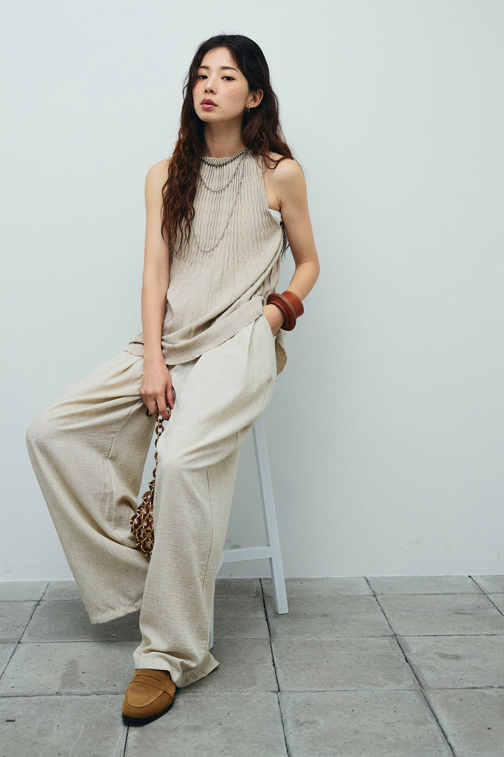 [予約/SET]プリーツアメスリニット+ベルト付きタックサマーパンツ(2set)