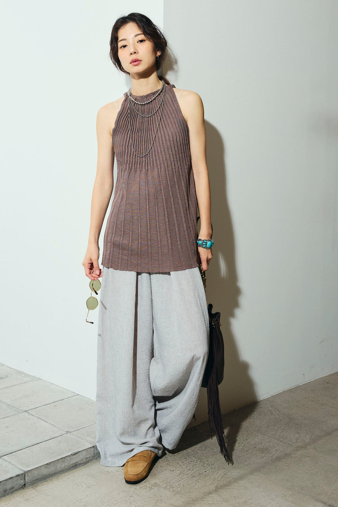 [予約/SET]プリーツアメスリニット+ベルト付きタックサマーパンツ(2set)