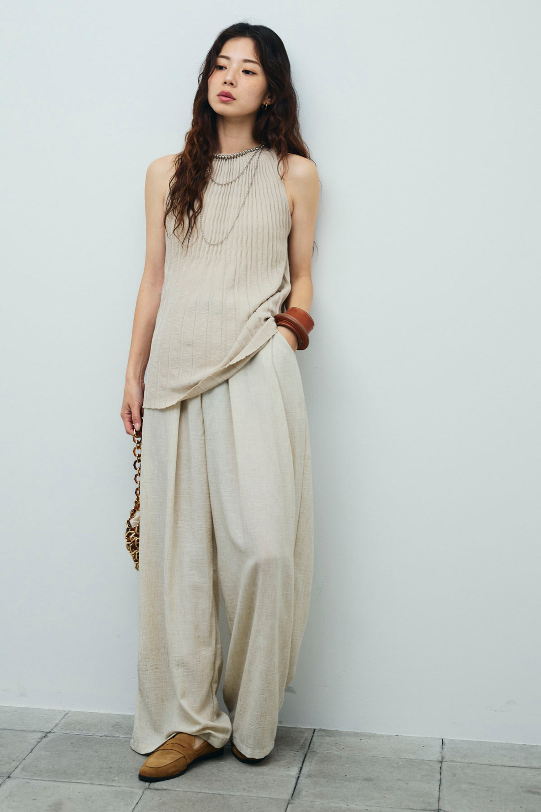 [予約]ベルト付きタックサマーパンツ