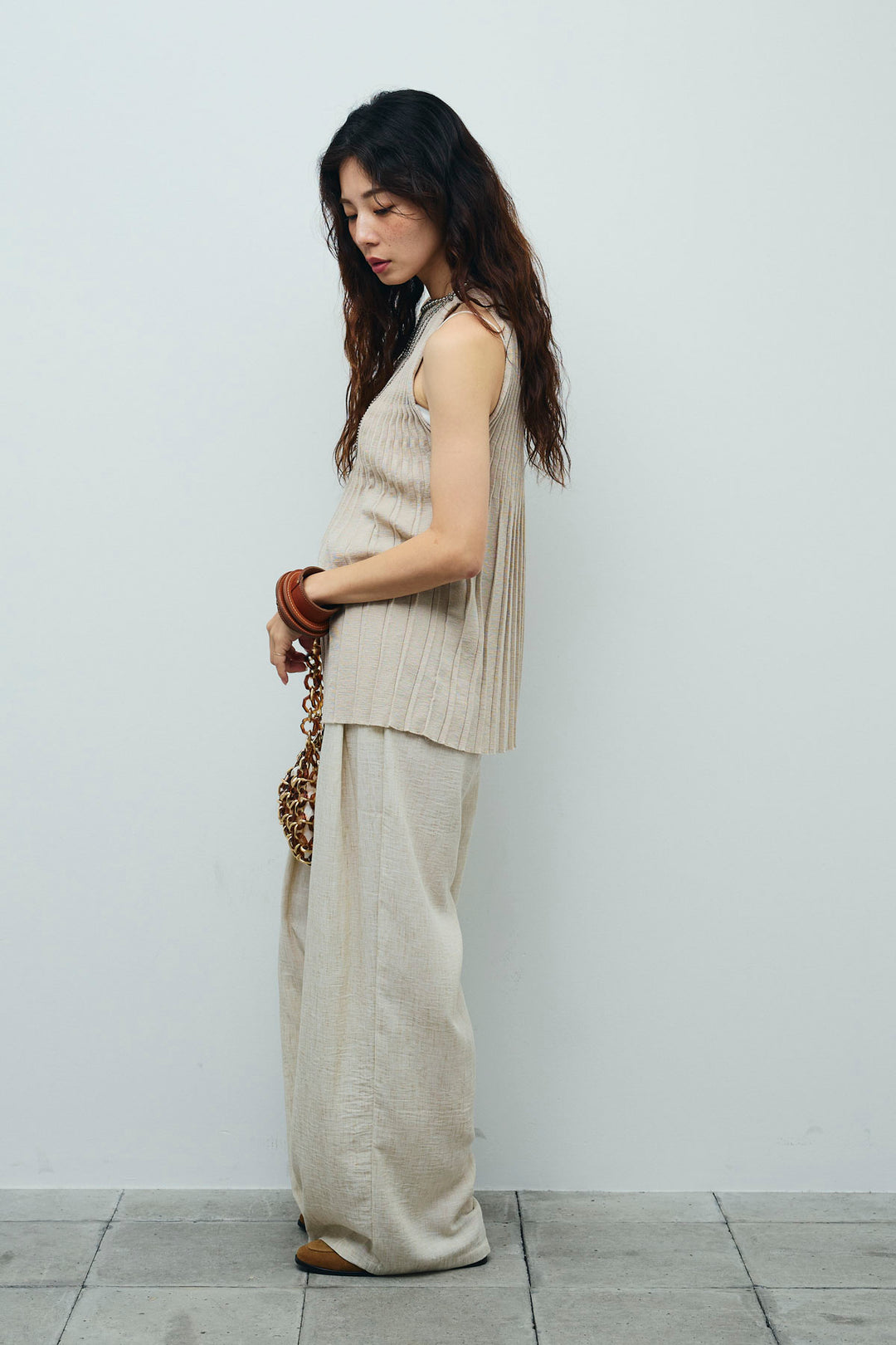 [予約/SET]プリーツアメスリニット+ベルト付きタックサマーパンツ(2set)