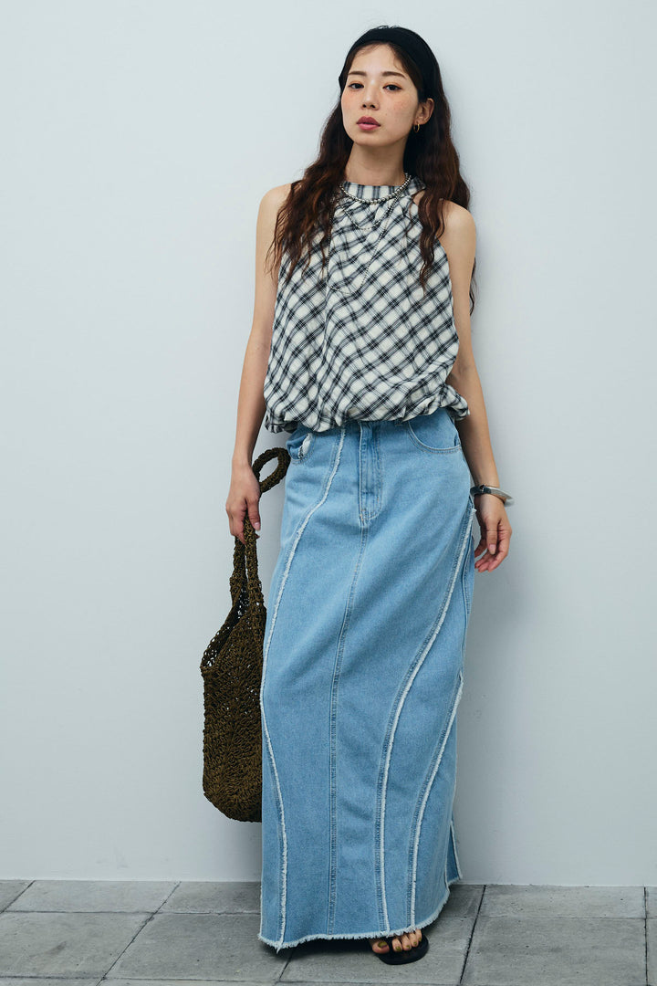 [予約/SET]チェック柄バルーンアメスリブラウス+フリンジウェーブデニムスカート(2set)