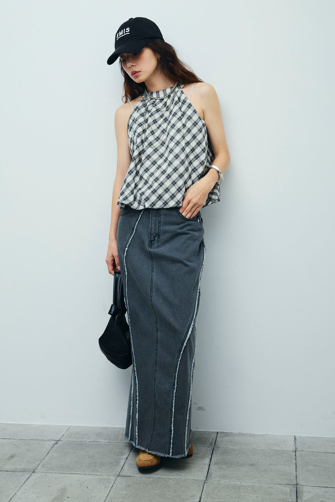 [予約/SET]チェック柄バルーンアメスリブラウス+フリンジウェーブデニムスカート(2set)