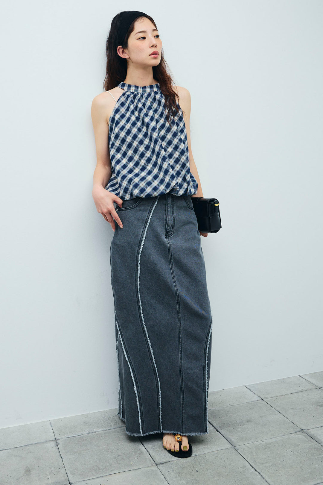 [予約/SET]チェック柄バルーンアメスリブラウス+フリンジウェーブデニムスカート(2set)