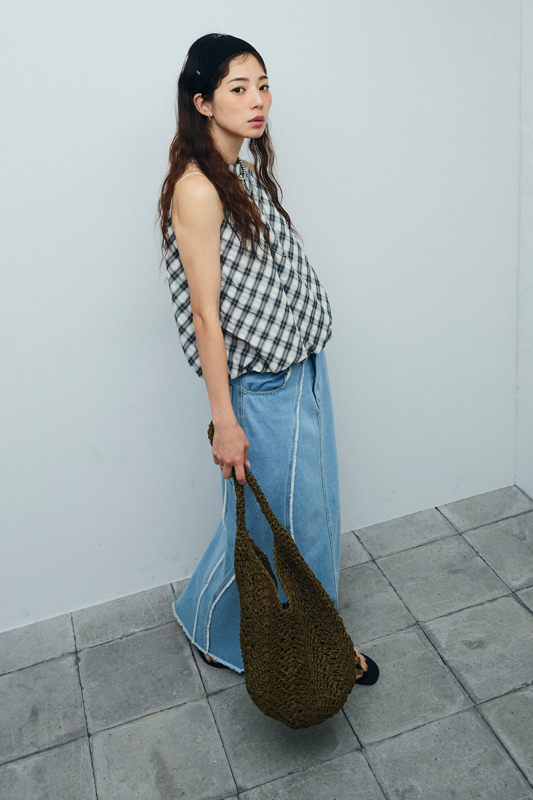 [予約/SET]チェック柄バルーンアメスリブラウス+フリンジウェーブデニムスカート(2set)