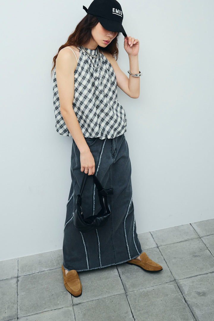 [予約/SET]チェック柄バルーンアメスリブラウス+フリンジウェーブデニムスカート(2set)