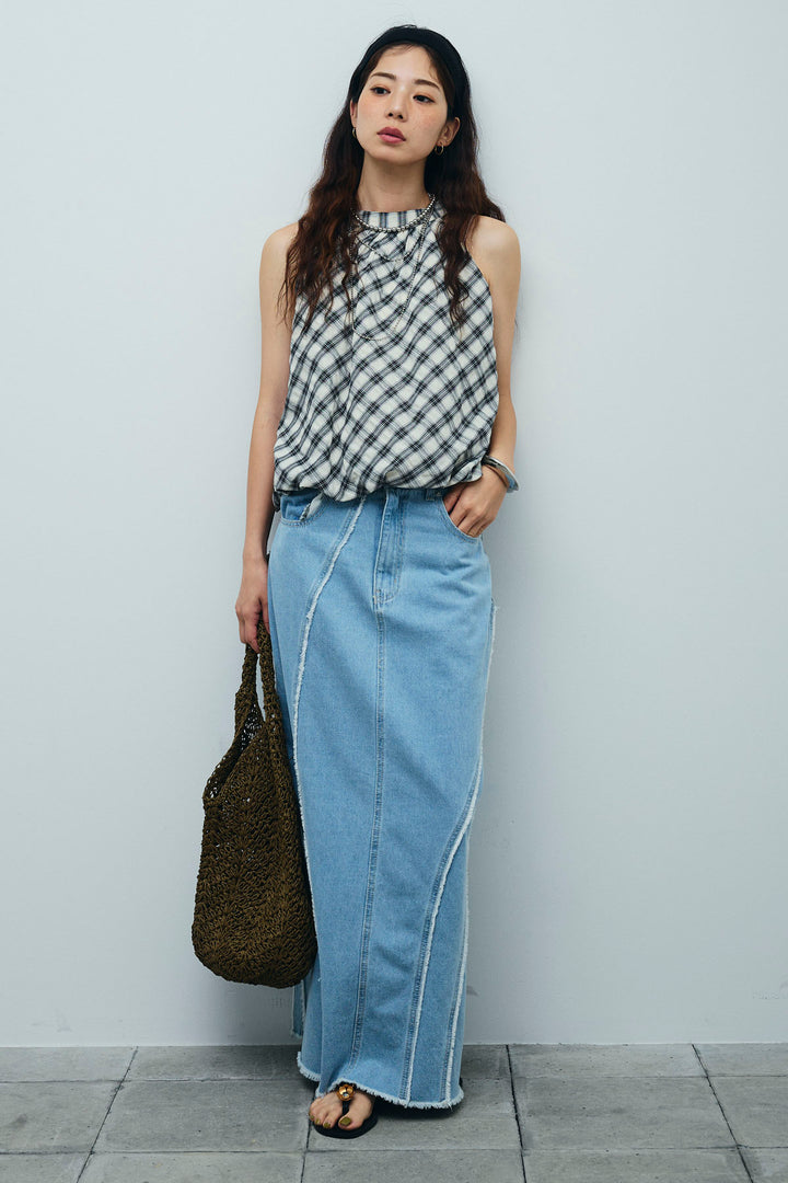 [予約/SET]チェック柄バルーンアメスリブラウス+フリンジウェーブデニムスカート(2set)