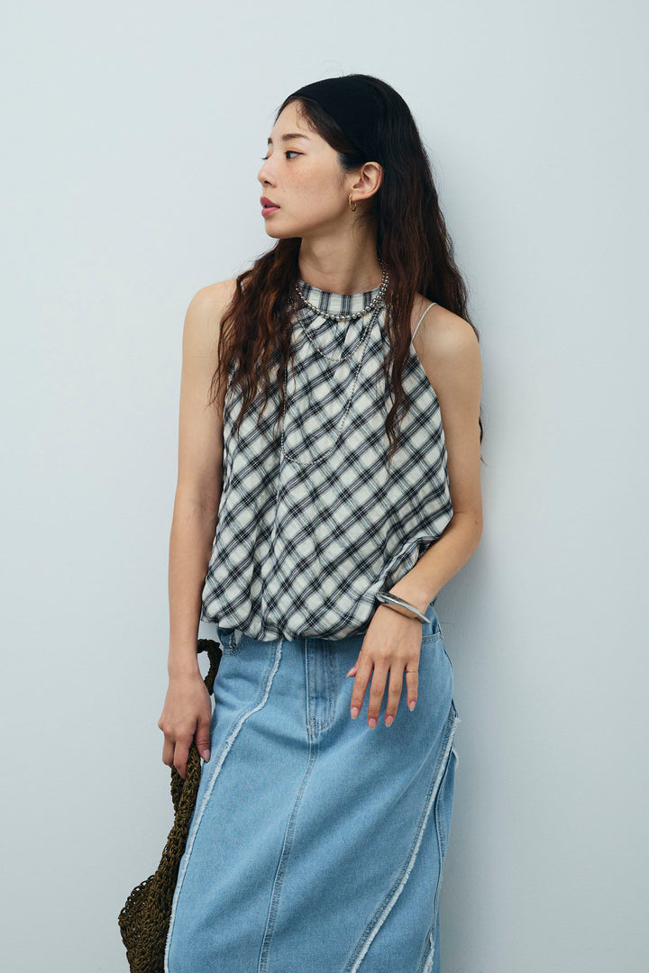 [予約/SET]チェック柄バルーンアメスリブラウス+フリンジウェーブデニムスカート(2set)