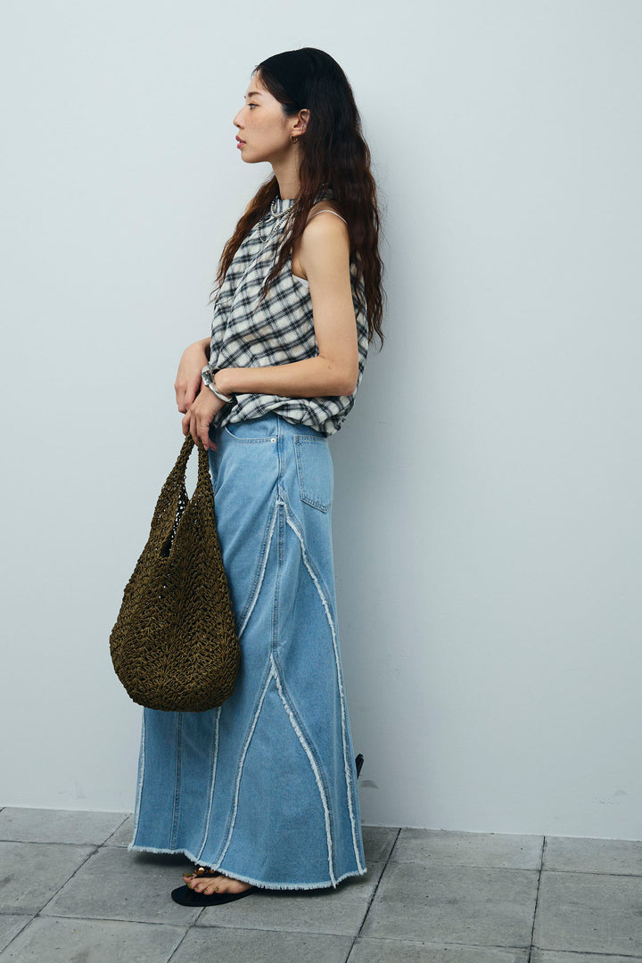 [予約/SET]チェック柄バルーンアメスリブラウス+フリンジウェーブデニムスカート(2set)