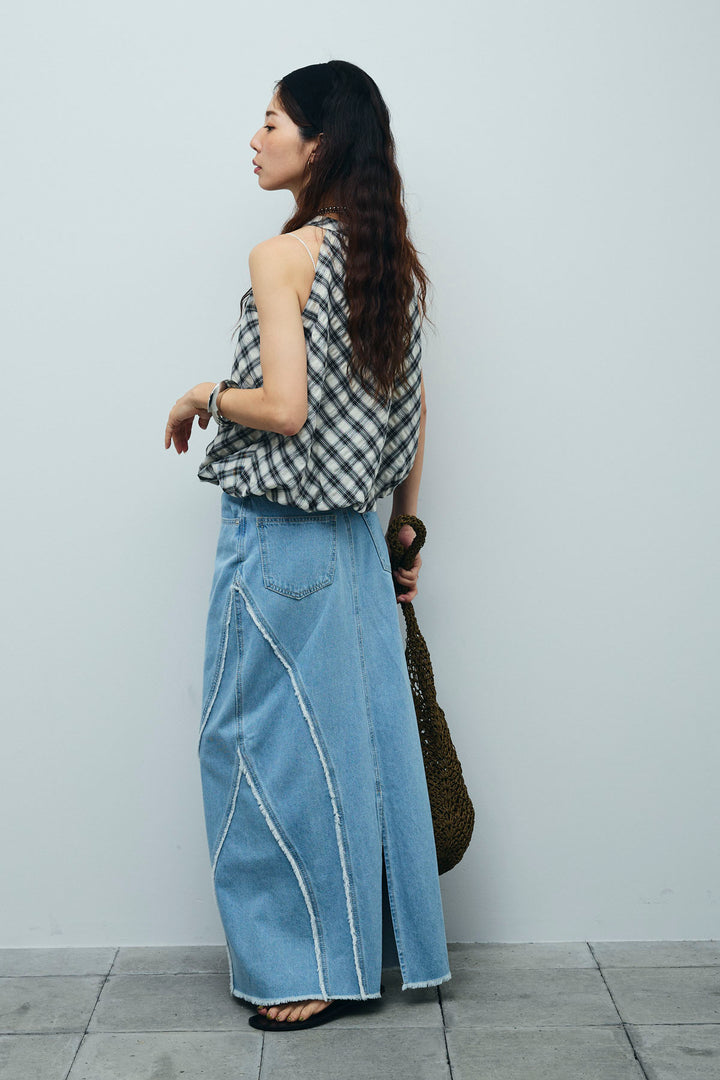 [予約/SET]チェック柄バルーンアメスリブラウス+フリンジウェーブデニムスカート(2set)