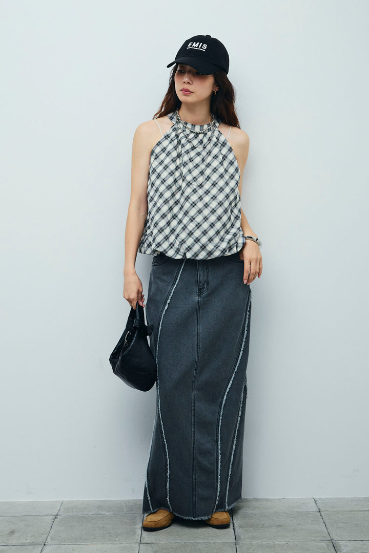 [予約/SET]チェック柄バルーンアメスリブラウス+フリンジウェーブデニムスカート(2set)