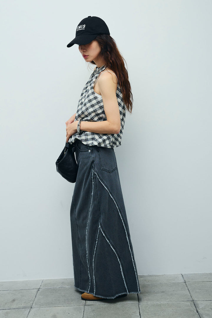 [予約/SET]チェック柄バルーンアメスリブラウス+フリンジウェーブデニムスカート(2set)