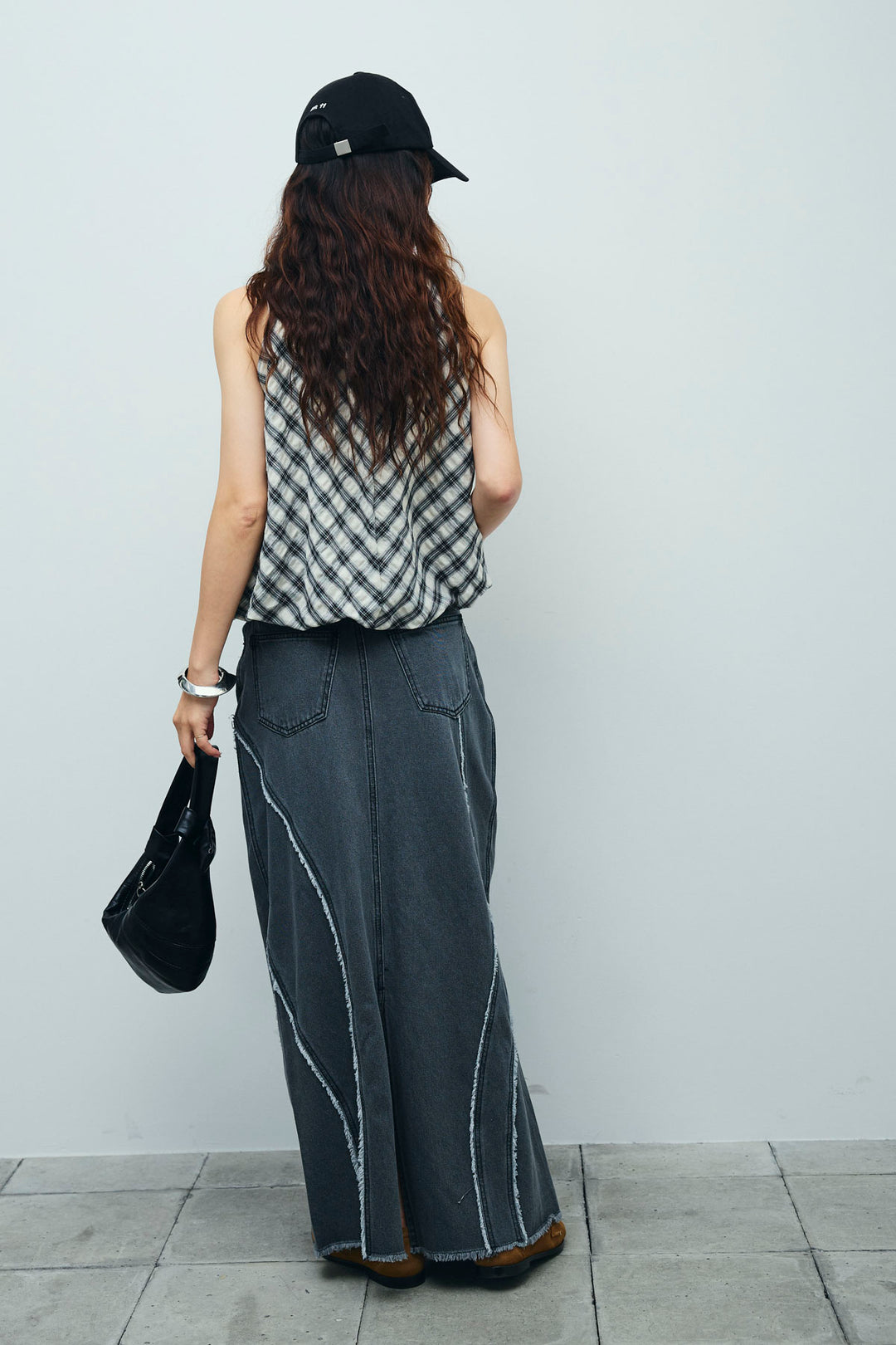 [予約/SET]チェック柄バルーンアメスリブラウス+フリンジウェーブデニムスカート(2set)