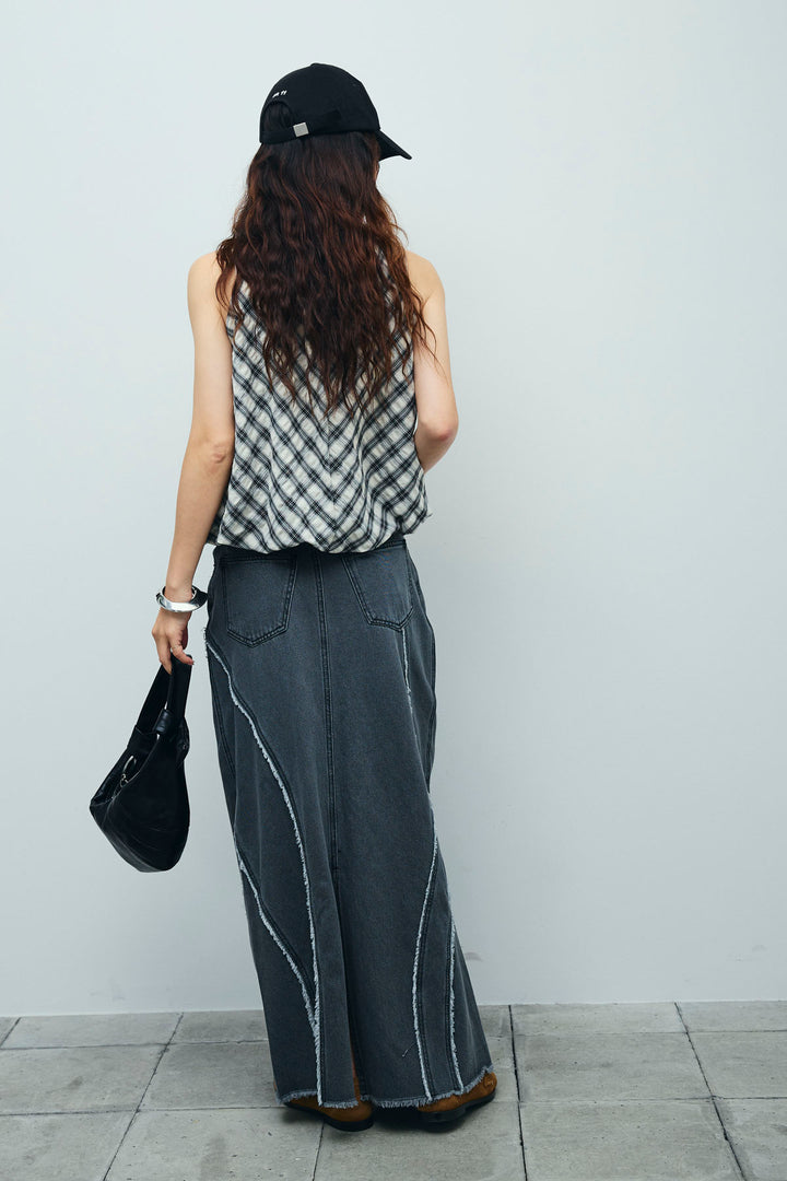 [予約/SET]チェック柄バルーンアメスリブラウス+フリンジウェーブデニムスカート(2set)