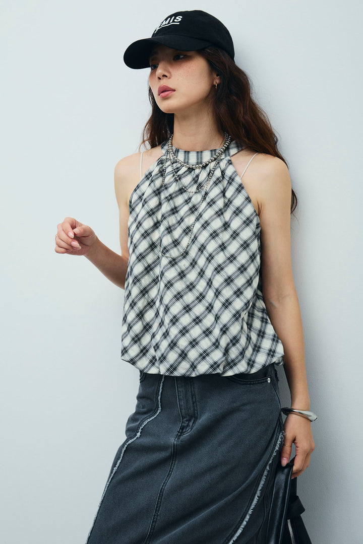 [予約]チェック柄バルーンアメスリブラウス