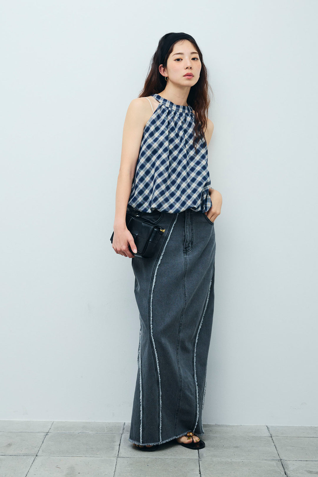 [予約/SET]チェック柄バルーンアメスリブラウス+フリンジウェーブデニムスカート(2set)