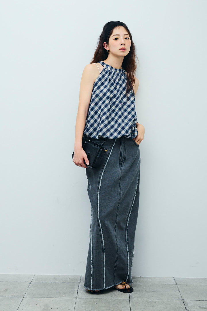 [予約/SET]チェック柄バルーンアメスリブラウス+フリンジウェーブデニムスカート(2set)