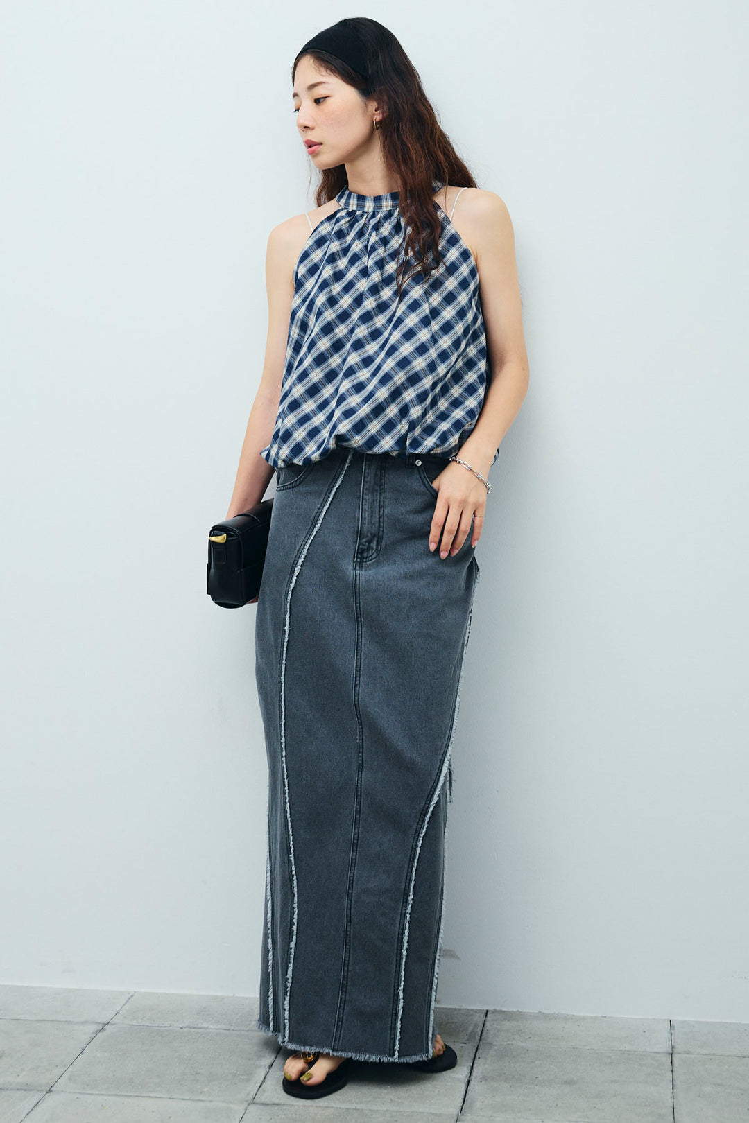 [予約/SET]チェック柄バルーンアメスリブラウス+フリンジウェーブデニムスカート(2set)