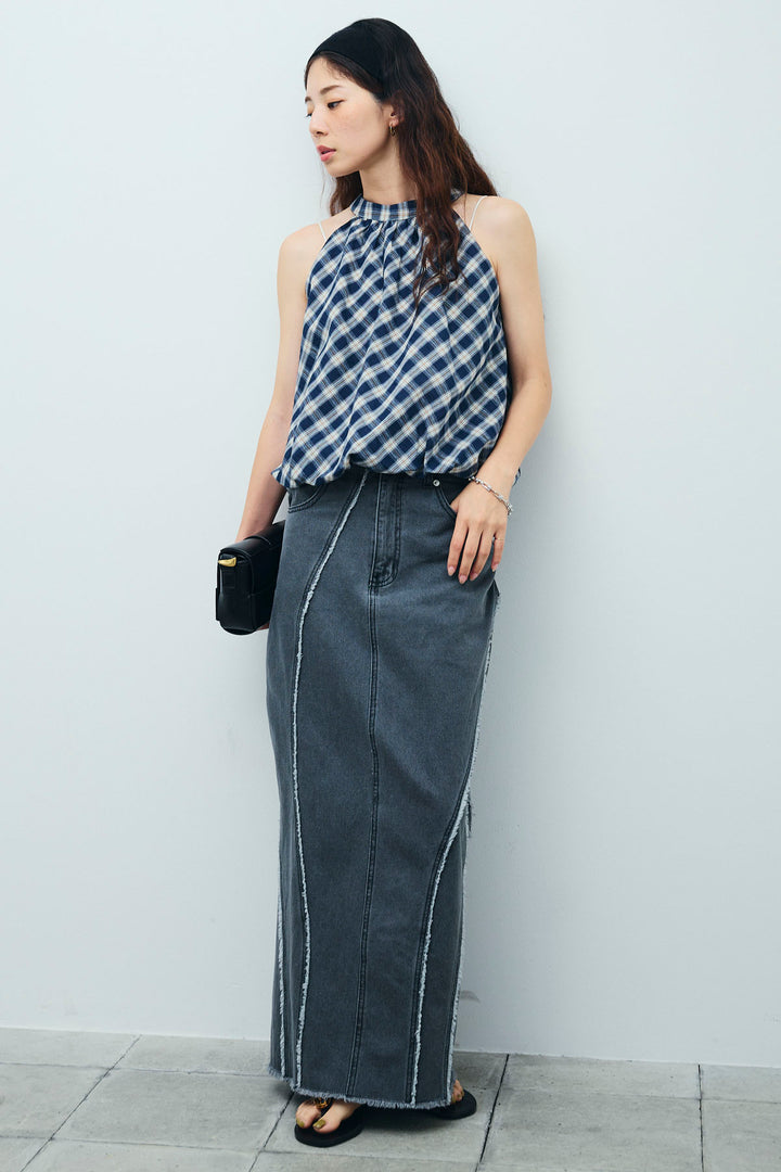 [予約/SET]チェック柄バルーンアメスリブラウス+フリンジウェーブデニムスカート(2set)