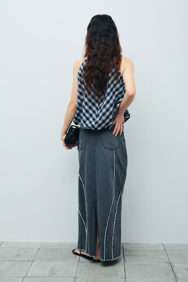 [予約/SET]チェック柄バルーンアメスリブラウス+フリンジウェーブデニムスカート(2set)