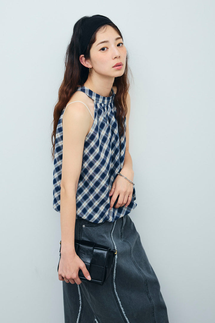 [予約]チェック柄バルーンアメスリブラウス