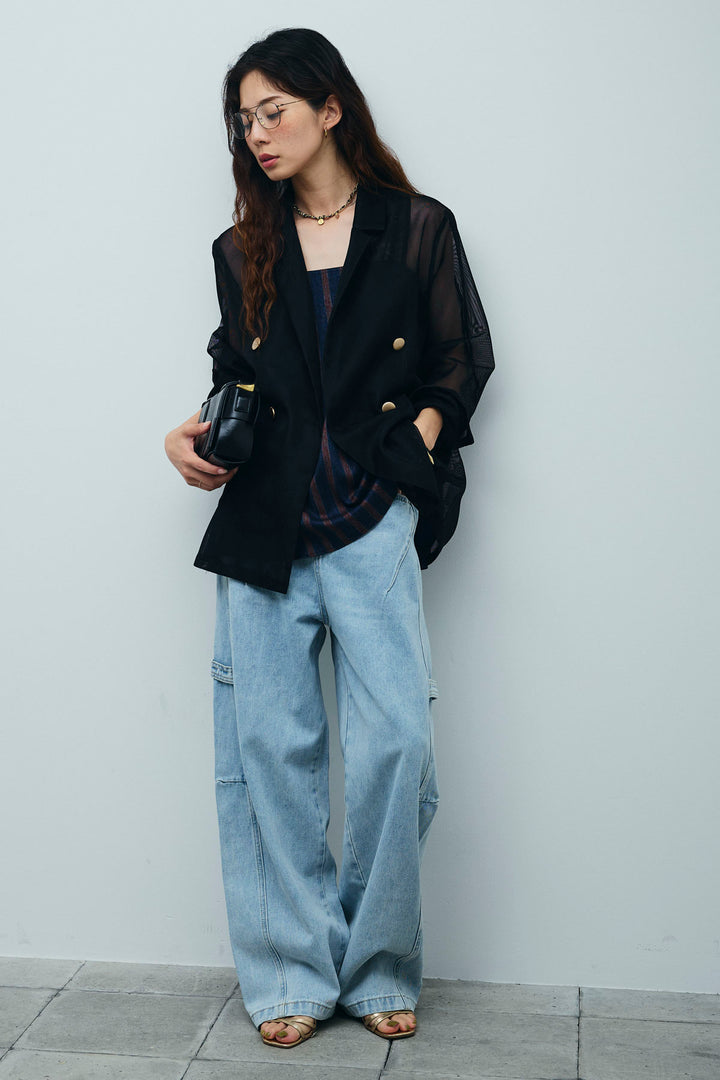 [予約/SET]シアーダブルテーラードJK+ストライプキャミブラウス+ペインターカーブデニムパンツ(3set)