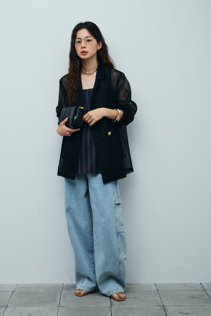 [予約/SET]シアーダブルテーラードJK+ストライプキャミブラウス+ペインターカーブデニムパンツ(3set)