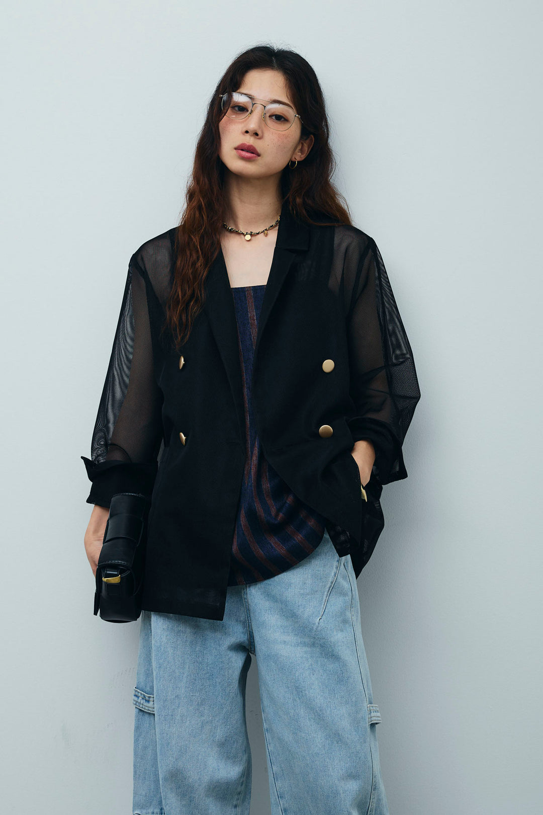 [予約/SET]シアーダブルテーラードJK+ストライプキャミブラウス+ペインターカーブデニムパンツ(3set)