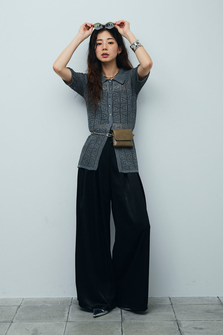 [予約/SET]透かし編みポロニットカーディガン+ウエストドロストサテンパンツ(2set)