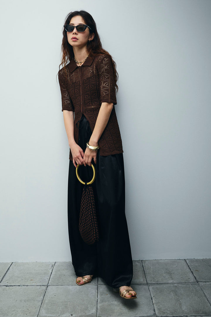 [予約/SET]透かし編みポロニットカーディガン+ウエストドロストサテンパンツ(2set)