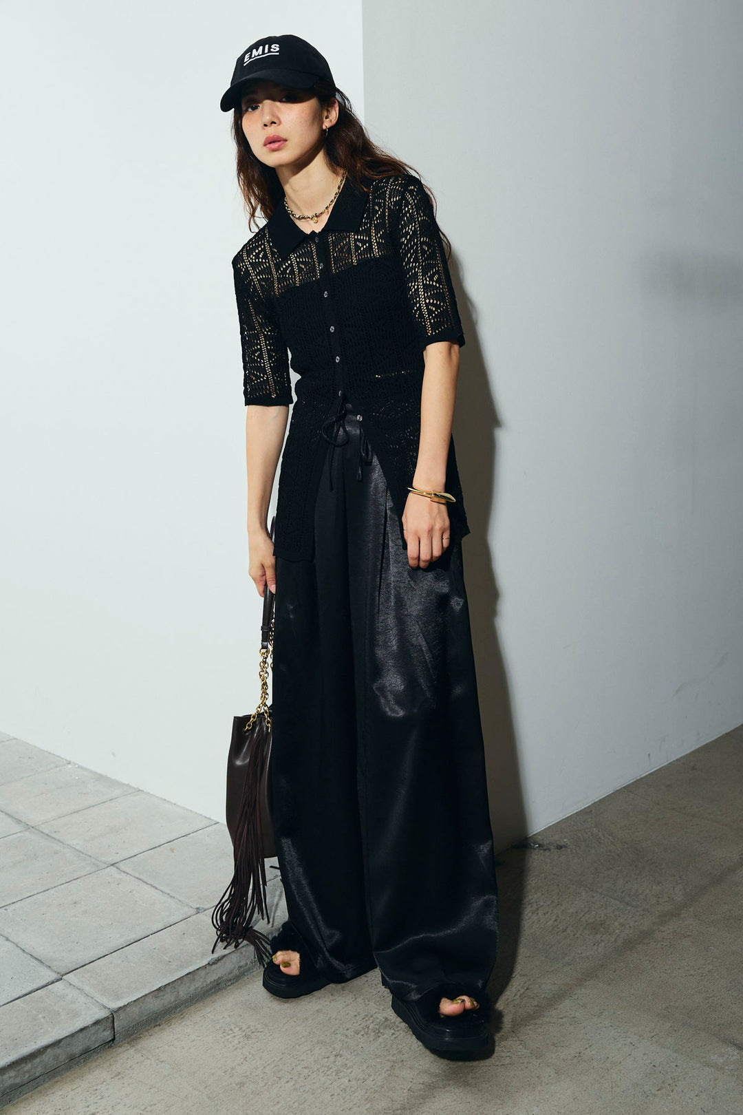 [予約]透かし編みポロニットカーディガン