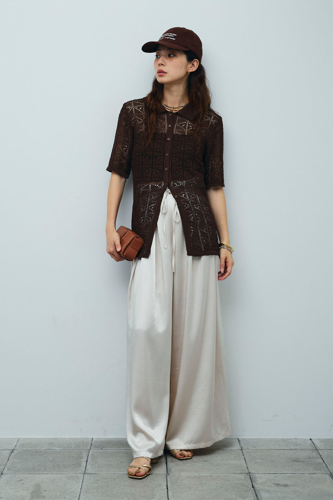 [予約/SET]透かし編みポロニットカーディガン+ウエストドロストサテンパンツ(2set)