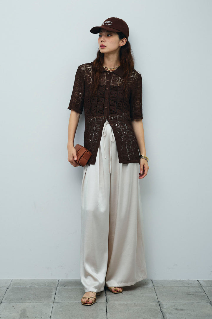 [予約/SET]透かし編みポロニットカーディガン+ウエストドロストサテンパンツ(2set)