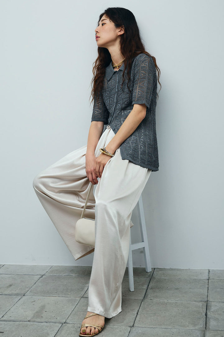 [予約/SET]透かし編みポロニットカーディガン+ウエストドロストサテンパンツ(2set)