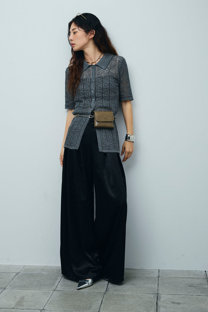 [予約/SET]透かし編みポロニットカーディガン+ウエストドロストサテンパンツ(2set)