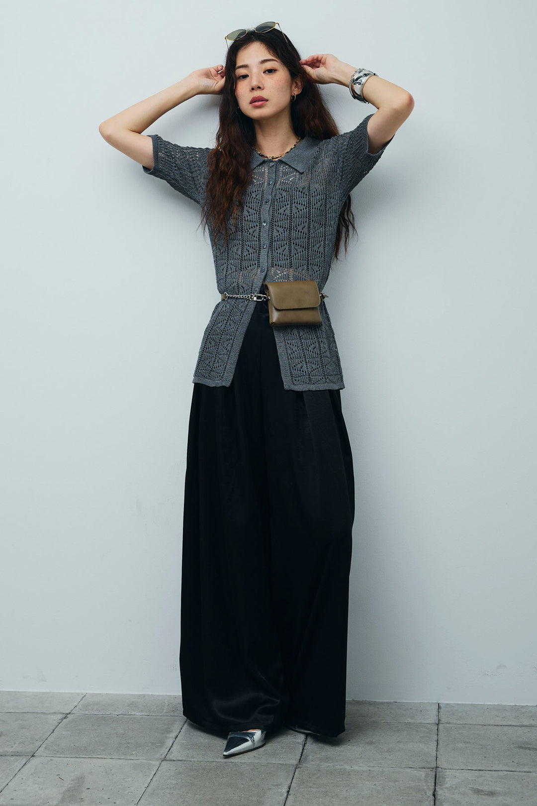 [予約/SET]透かし編みポロニットカーディガン+ウエストドロストサテンパンツ(2set)