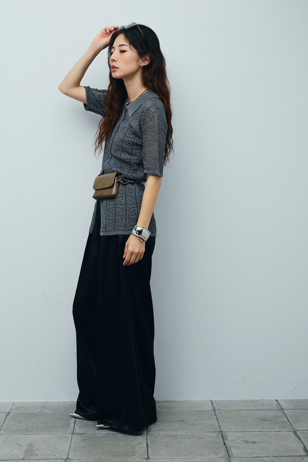 [予約/SET]透かし編みポロニットカーディガン+ウエストドロストサテンパンツ(2set)