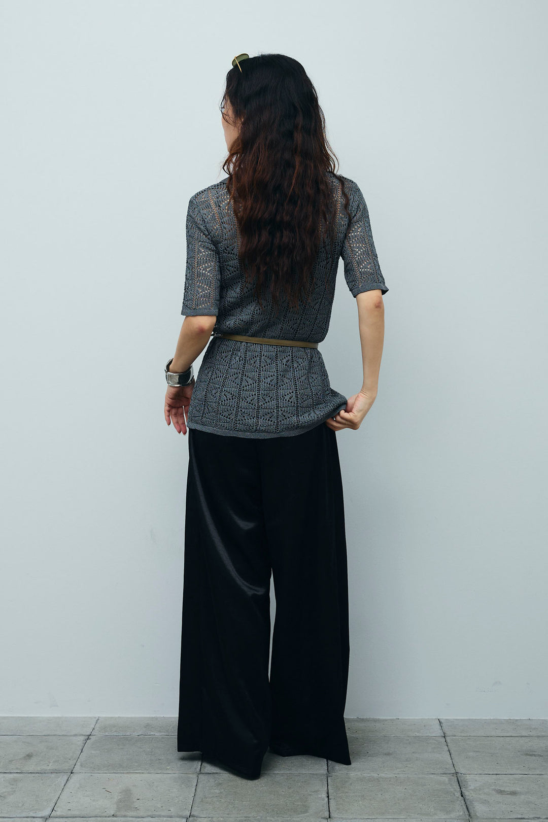 [予約/SET]透かし編みポロニットカーディガン+ウエストドロストサテンパンツ(2set)