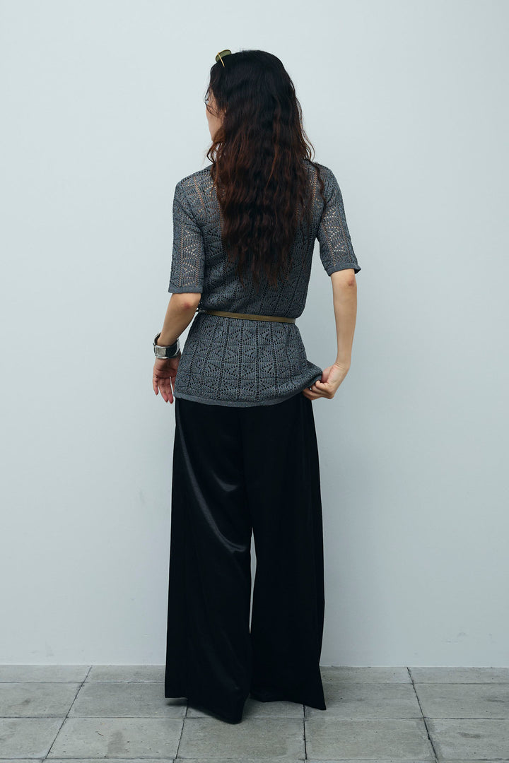 [予約/SET]透かし編みポロニットカーディガン+ウエストドロストサテンパンツ(2set)