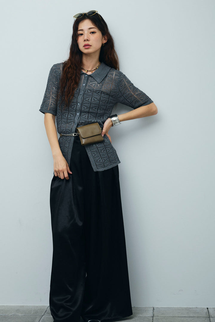 [予約/SET]透かし編みポロニットカーディガン+ウエストドロストサテンパンツ(2set)