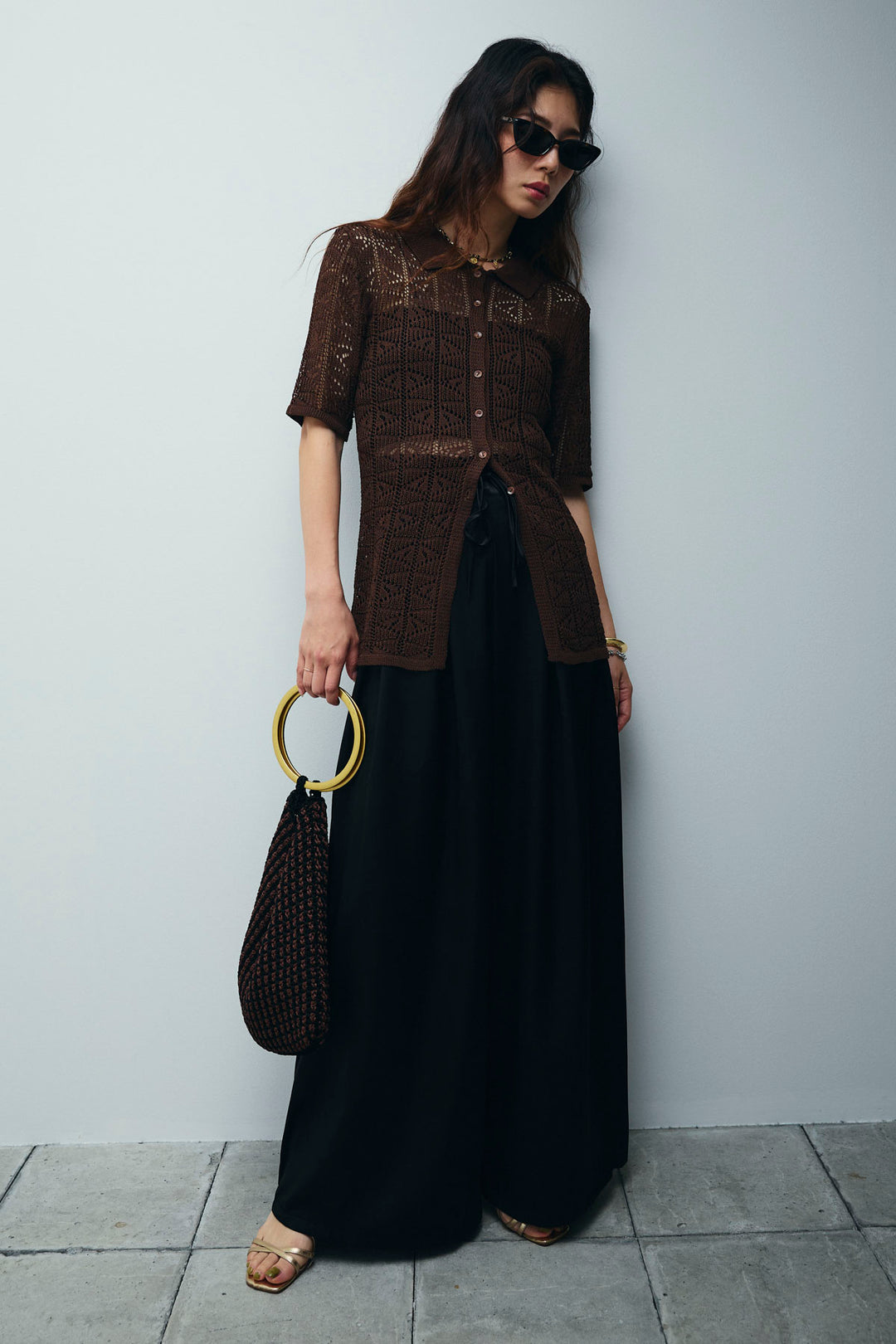 [予約/SET]透かし編みポロニットカーディガン+ウエストドロストサテンパンツ(2set)