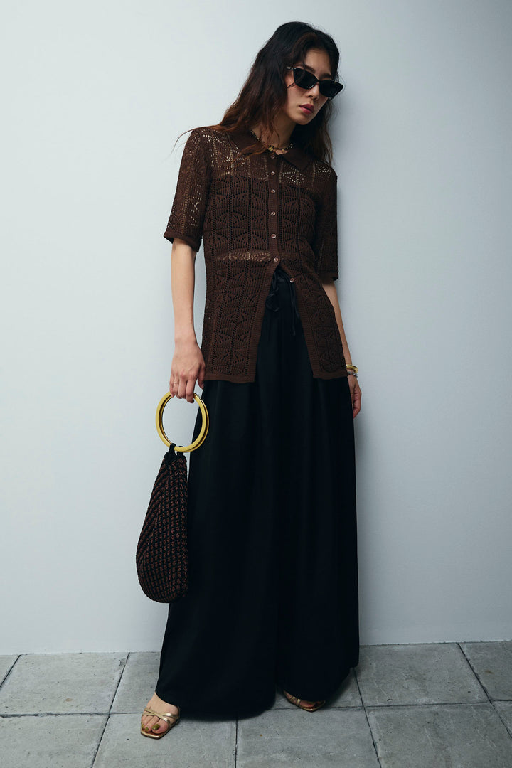 [予約/SET]透かし編みポロニットカーディガン+ウエストドロストサテンパンツ(2set)