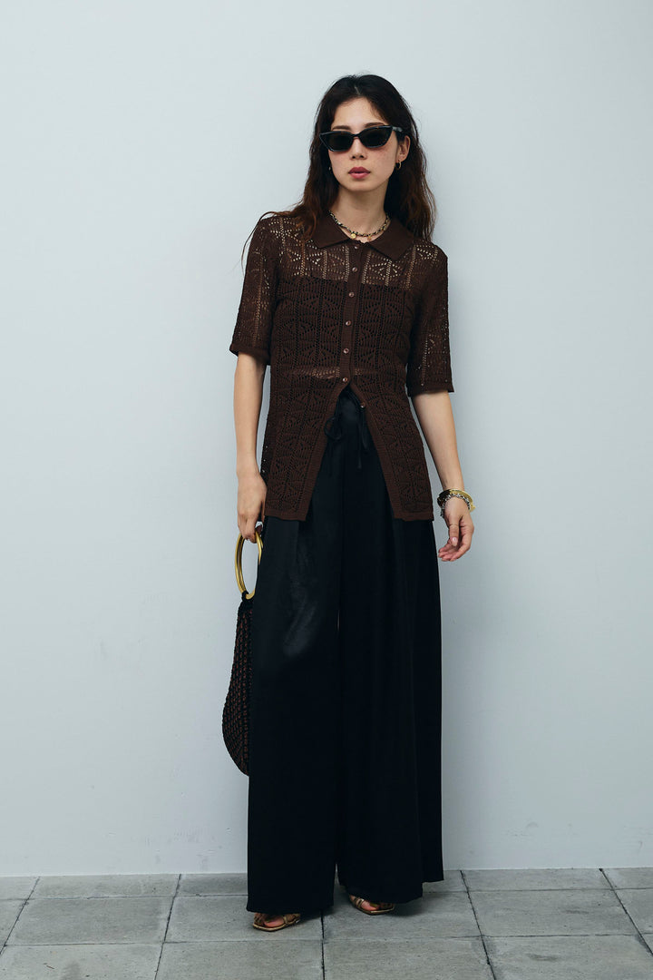 [予約/SET]透かし編みポロニットカーディガン+ウエストドロストサテンパンツ(2set)