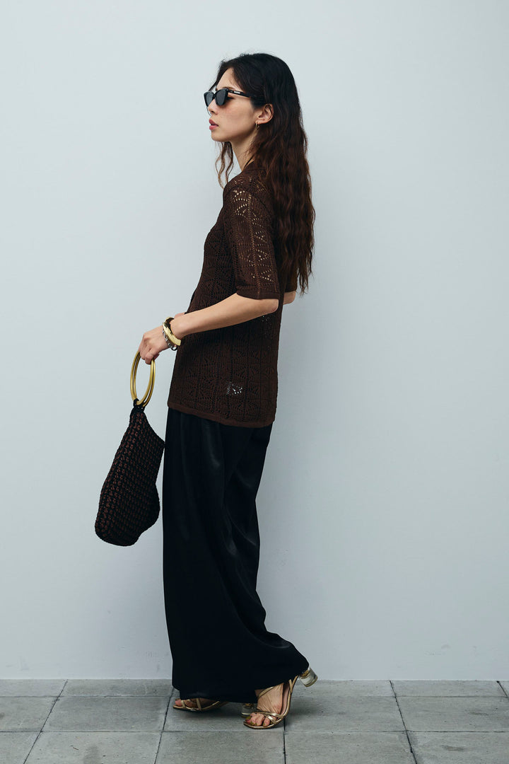 [予約/SET]透かし編みポロニットカーディガン+ウエストドロストサテンパンツ(2set)