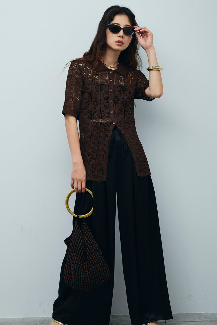 [予約/SET]透かし編みポロニットカーディガン+ウエストドロストサテンパンツ(2set)