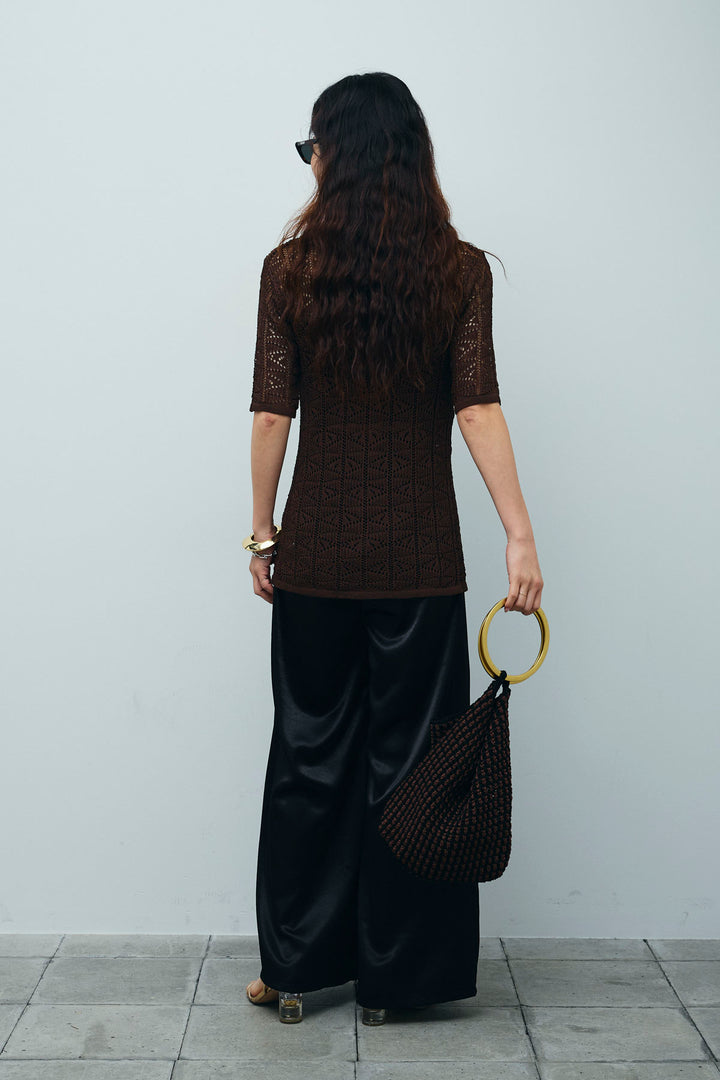 [予約/SET]透かし編みポロニットカーディガン+ウエストドロストサテンパンツ(2set)