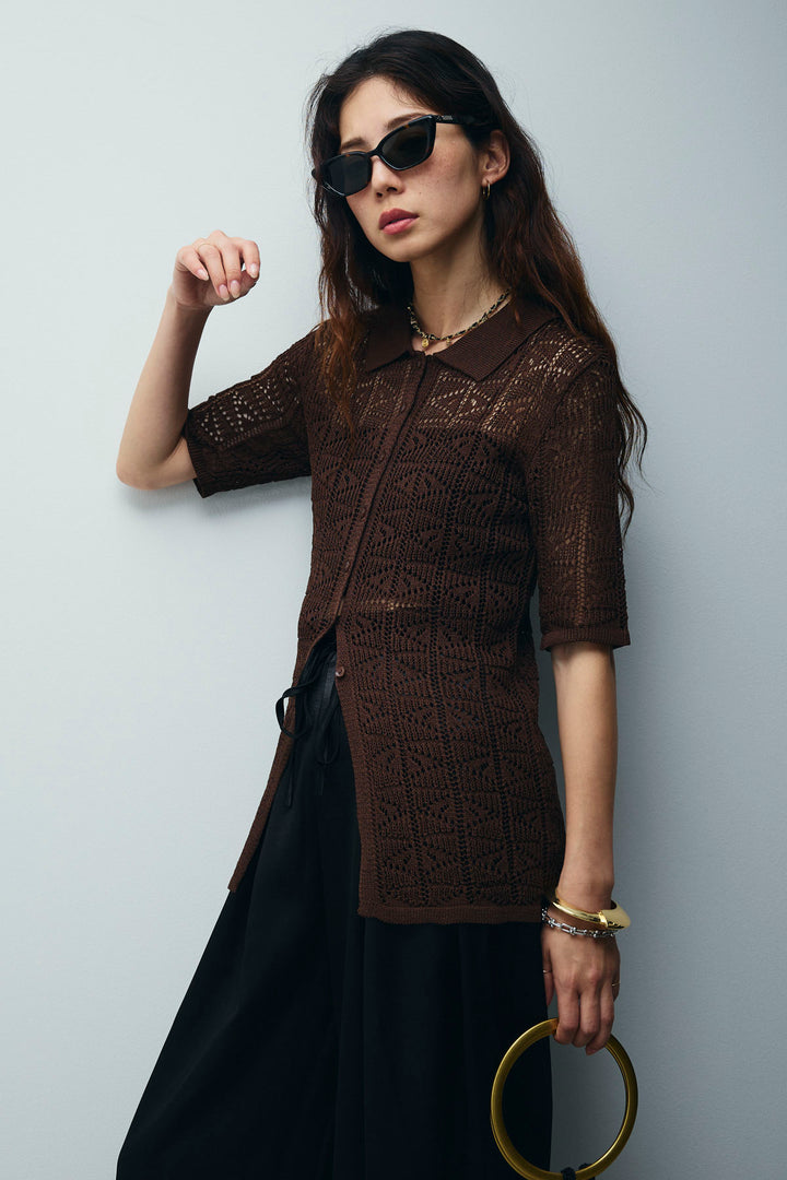 [予約/SET]透かし編みポロニットカーディガン+ウエストドロストサテンパンツ(2set)