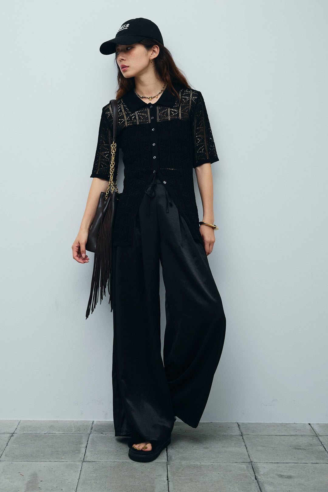 [予約/SET]透かし編みポロニットカーディガン+ウエストドロストサテンパンツ(2set)